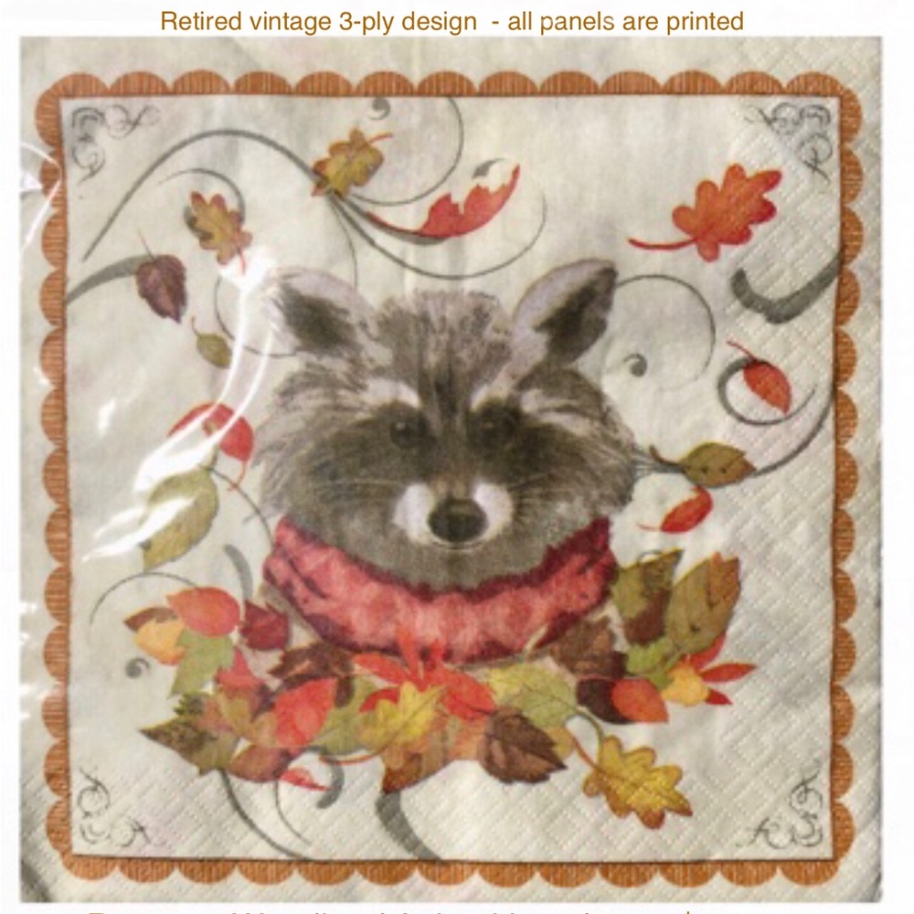 Two (2) Individual Autumn Woodland Raccoon Decoupage Luncheon DIY Tissue Napkins